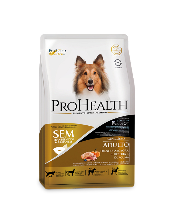 Ração Seca ProHealth Cães Adultos Porte Médio sabor Frango, Abóbora, Blueberry e Cúrcuma