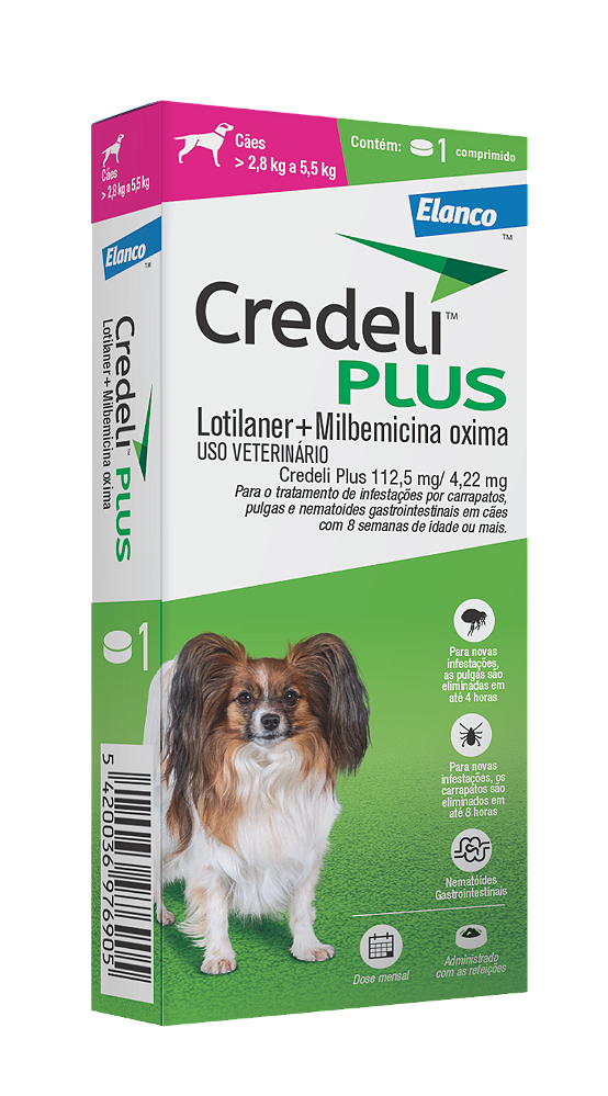 Credeli Plus Elanco para Cães de 2,8kg a 5,5kg Proteção contra Pulgas, Carrapatos e Vermes