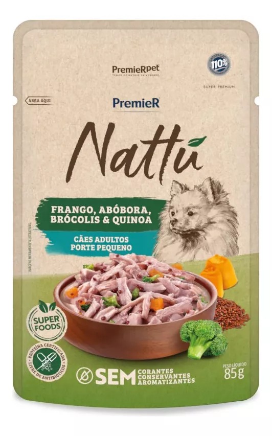 Sachê Premier Nattú para Cães Adultos Raças Pequenas Sabor Frango e Abóbora