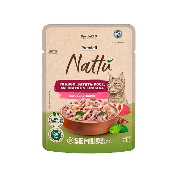 Sachê Premier Nattu Gatos Adultos Castrados Frango e Batata Doce