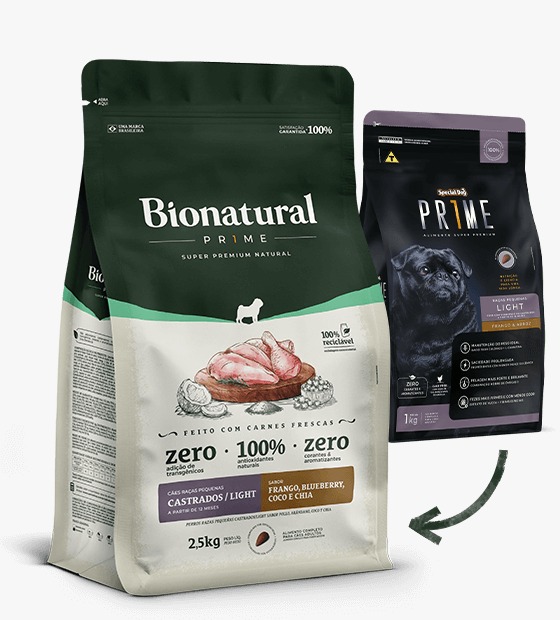 Ração Bionatural Prime Cães Raças Pequenas Castrado/Light Frango