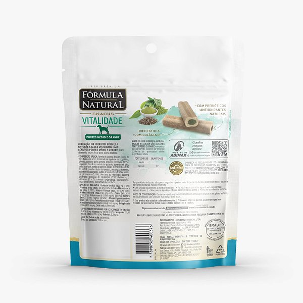 Snacks Vitalidade Formula Natural Cães Adultos Portes Médio e Grande 120g