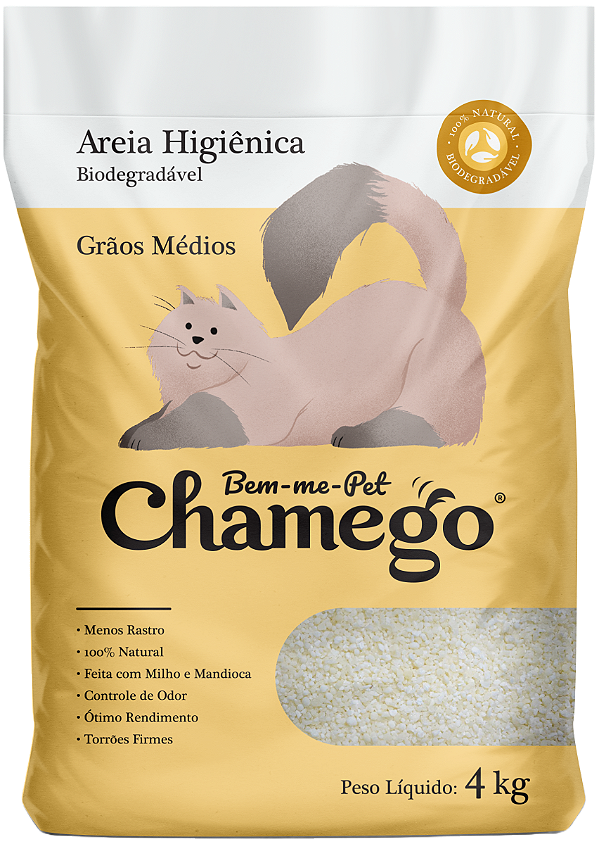 Areia Higiênica Biodegradável Bem-me-Pet Chamego Grãos Médios 4kg para Gatos