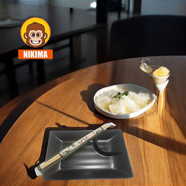 Prato Retangular C/ Molheira Sushi shoyu Lyor Tóquio De Melamina Preto