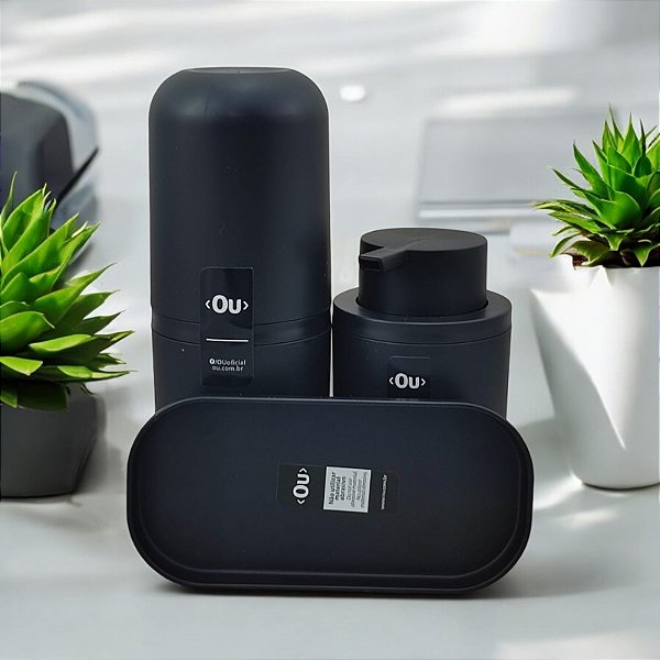 Kit Porta Sabonete Liquido Escova De Dente Bandeja Bold Preto