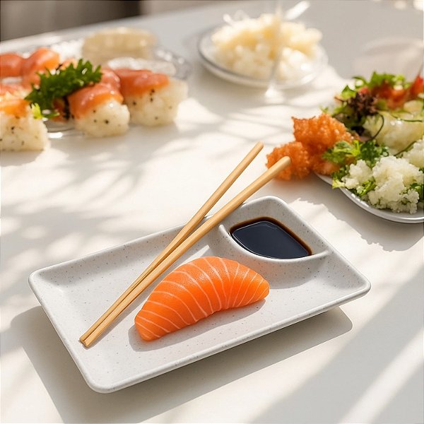 Prato Japonês para Sushi com Molheira Divisória para Shoyu Wasabi Melamina