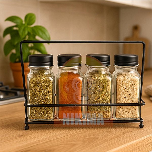 Porta Condimento Tempero 4 Potes Vidro Suporte Aramado Preto Cozinha Organizador