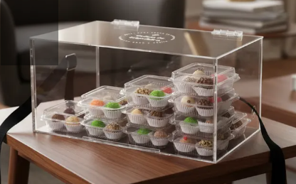 Caixa expositor para 32 caixinhas de brigadeiros com alça e logo na tampa.