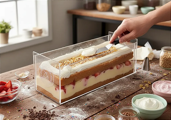 Forma Slice Cake Acrílico COM TAMPA 30x10x10cm Com Frente Removível + Espátula