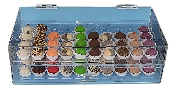 Expositor Acrílico Azul 100 Brigadeiros N5, Alça, Logo