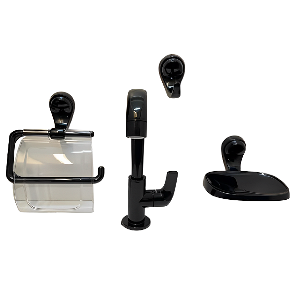 Kit Banheiro C/ Torneira Quadra Preto 4Pçs Lorenzetti