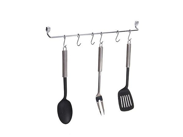 Barra Cozinha Porta Utensílios 46cm + 6 Ganchos Cromada