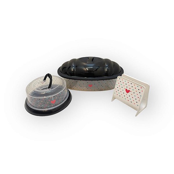 Kit Cozinha Corações Porta Pão Guardanapo e Queijeira 3Pçs