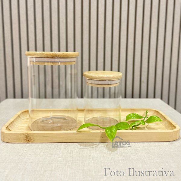 Kit Pote Vidro + Bandeja de Bambu 28cm 3Pçs Plasvale