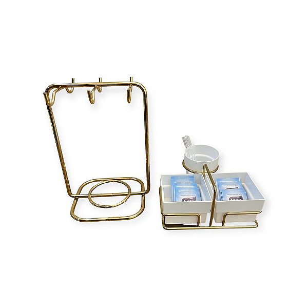 Kit Porta Xicaras e Porta Sachês Branco Dourado 2Pçs