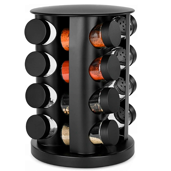 Porta Tempero/Condimentos Vidro Bancada Com Suporte Giratório Preto 17 Pçs Dolce Home