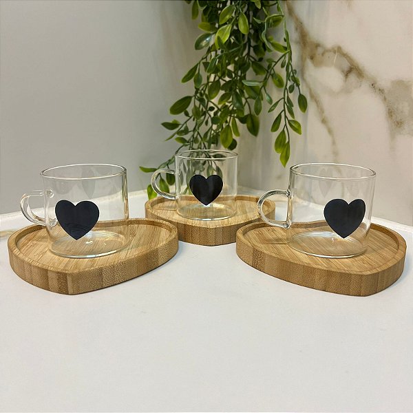 Kit Conjunto Jogo Xicaras Chá Café Vidro Coração C/ Pires Bambu 6Pçs Lyor / Plasvale
