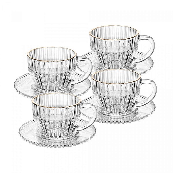 Kit Conjunto Jogo Xícaras de Cristal com Pires Café 110ml 8 Pçs Wolff