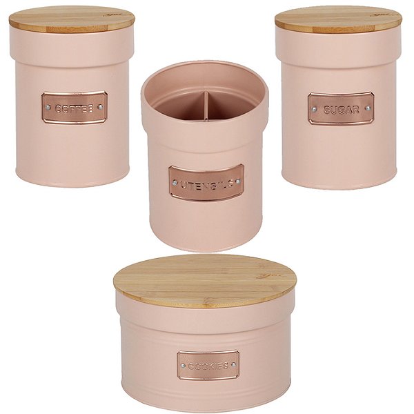 Kit Jogo Pote Lata Metal 4Pçs com Porta Utensílios Rose Nude