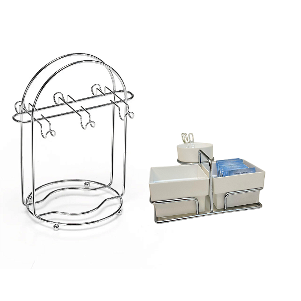 Kit Porta Xicaras e Porta Sachês Branco/Preto Cromado 2Pçs