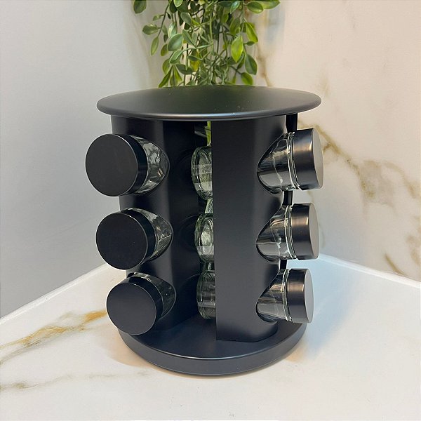 Porta Tempero/Condimentos Vidro Bancada Com Suporte Giratório Preto ou inox 13 Pçs Dolce Home