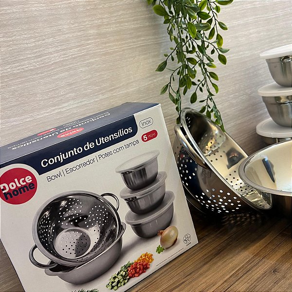 Kit Potes com Bacia e Escorredor Inox 5 Pçs Dolce Home