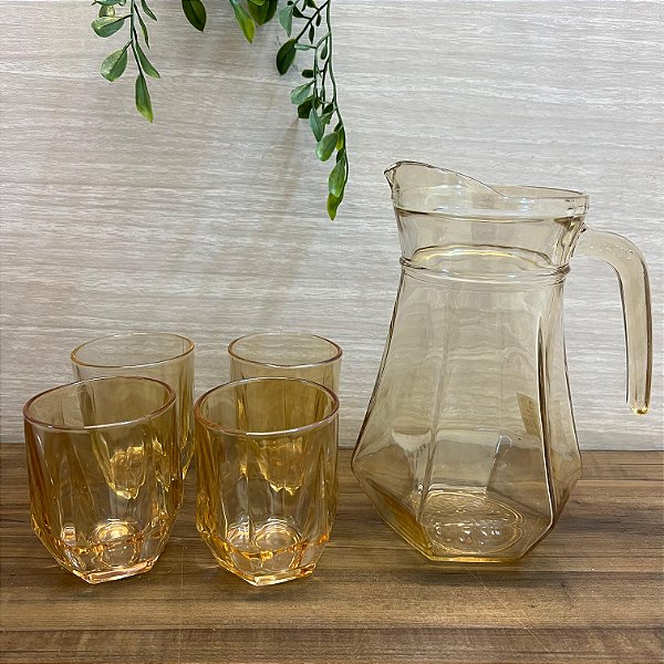 Kit Jarra e Copos de Vidro Âmbar - 5 peças