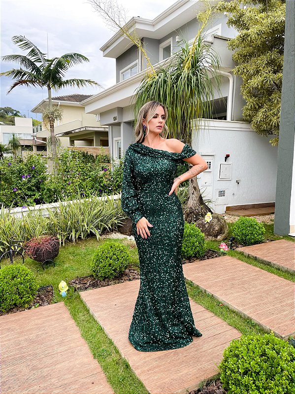 VESTIDO LAVANY LONGO BORDADO EM PAETÊ - VERDE