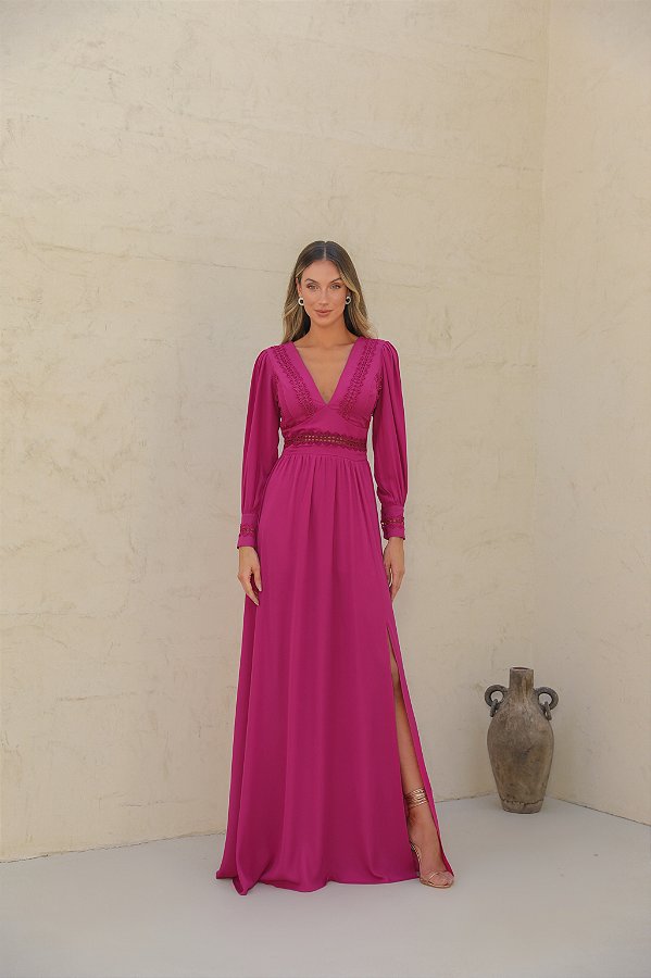 VESTIDO LONGO COM RENDA GRÉCIA - PINK