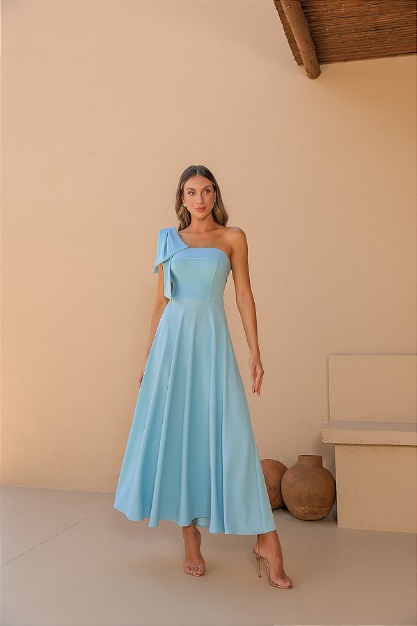 VESTIDO LONGO UM OMBRO LAÇO BÁRBARA - AZUL SERENITY