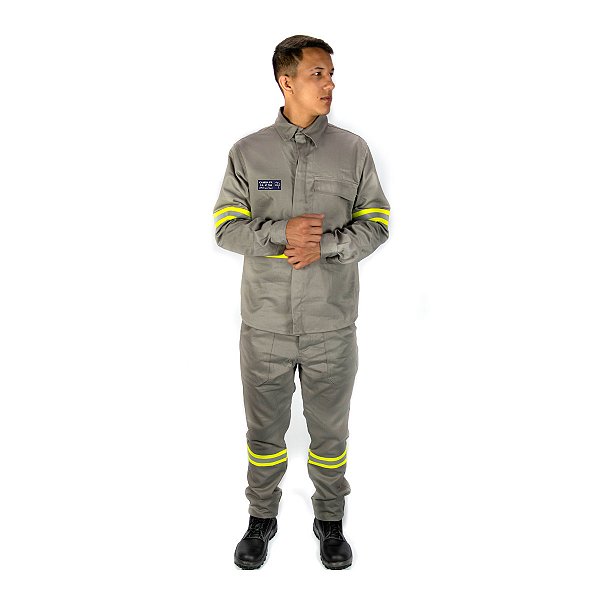 Conjunto NR10 - 100% algodão - Com Faixa Refletiva Verde - Cinza