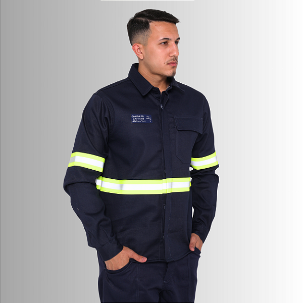 Camisa NR10 - 100% Algodão com Faixa Refletiva Verde - Azul Marinho