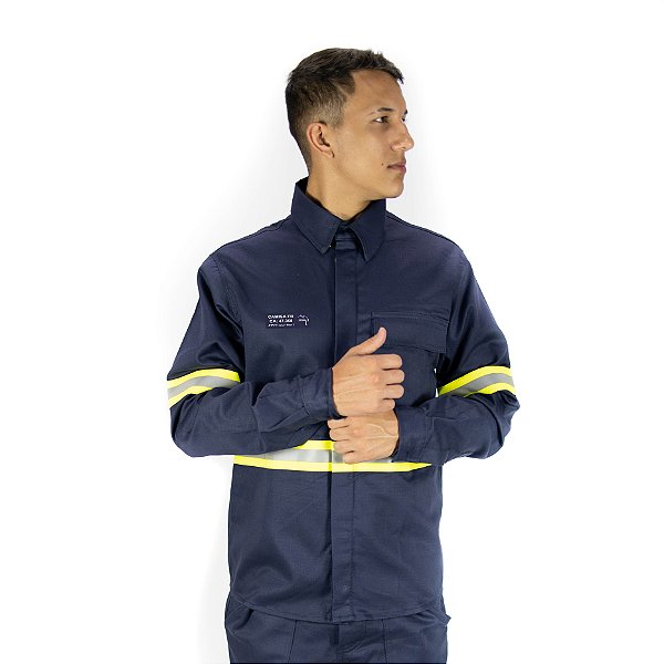 Camisa NR10 - 100% Algodão com Faixa Refletiva Verde - Azul Marinho