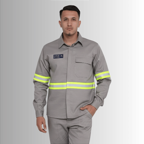 Camisa NR10 - 100% Algodão com Faixa Refletiva Verde - Cinza Claro