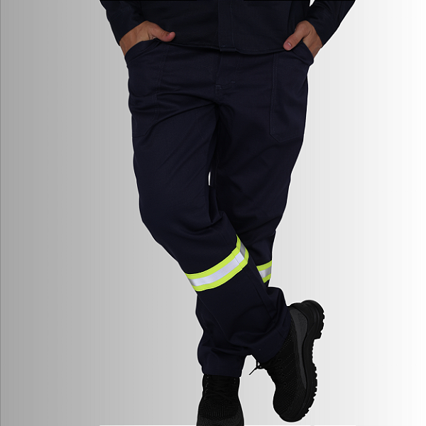 Calça NR10 - 100% Algodão com Faixa Refletiva Verde - Azul Marinho