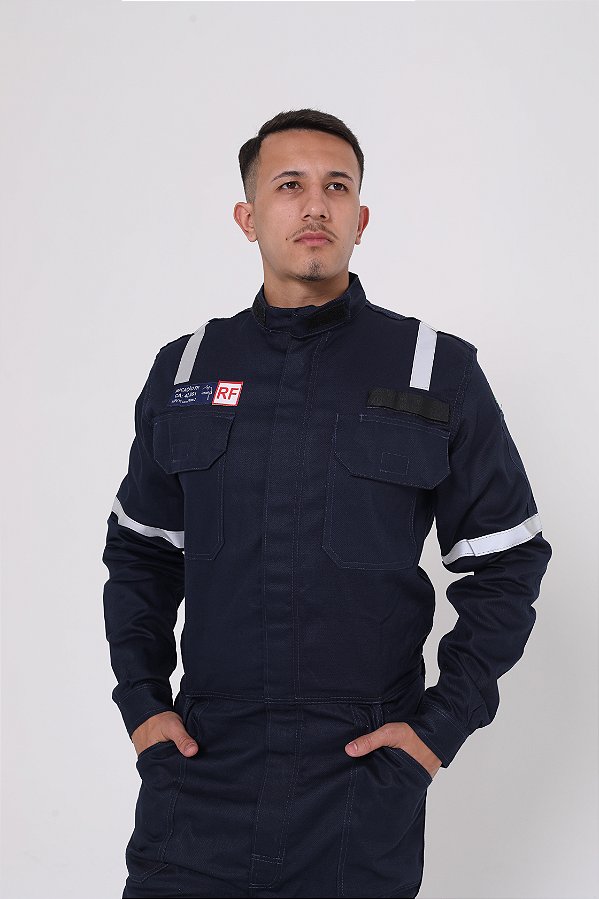 Macacão NR10 Eletricista Faixa Cinza Risco 2 - AntiChamas - Marinho