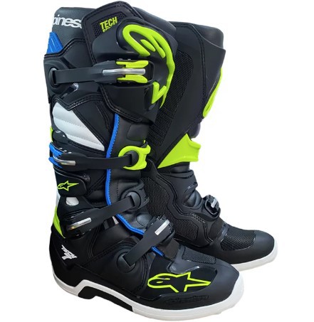 BOTA ALPINESTARS TECH 7 PRETO AZUL AMARELO FLUO 08  EAN  8059347051031
