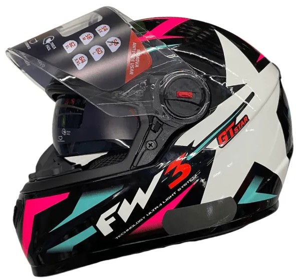 CAPACETE FW3 GTX STAR PRETO BRILHANTE AZUL ROSA 60