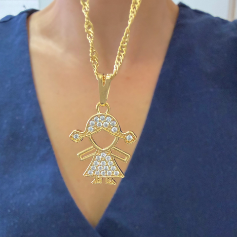 Colar Com Pingente Menina Cravejado com Zircônias