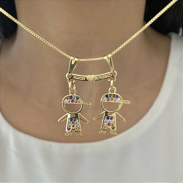 Colar Com Dois Meninos Com Zircônias Coloridas