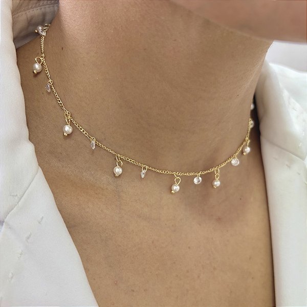 Choker Encanto - Com Pingentes Pérola e Zircônias