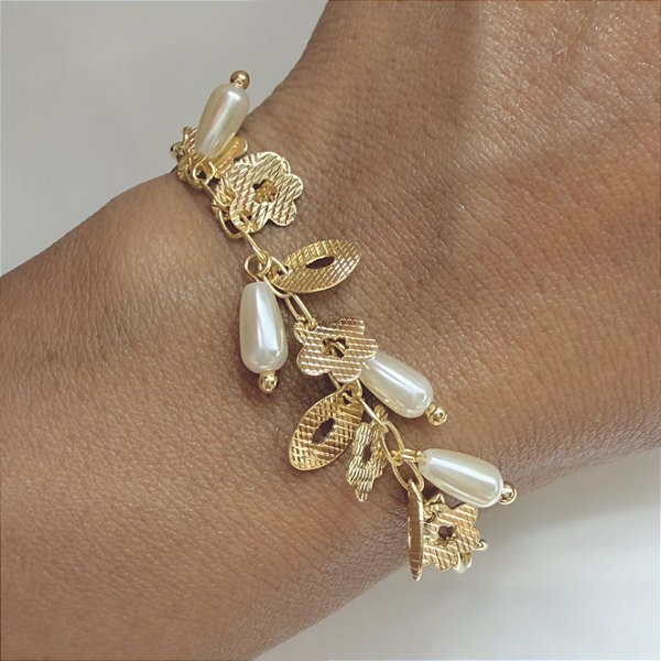 Pulseira Lúmina - Malha Cadeado com Pingentes e Pérolas