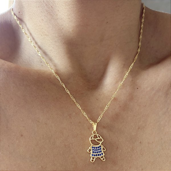 Colar Com Pingente Cravejado com Zircônias Azul