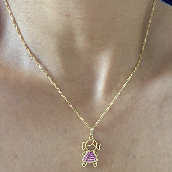 Colar com Pingente Menina Cravejado com Zircônias Pink