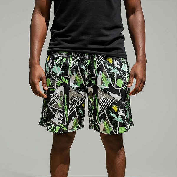 Shorts Tactel Estampado Masculino Preto com detalhes Verde