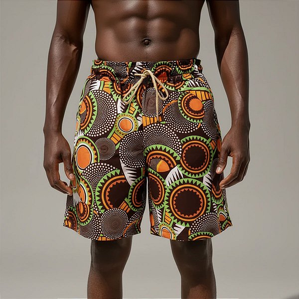 Shorts Tactel Estampado Masculino Marron e Laranja