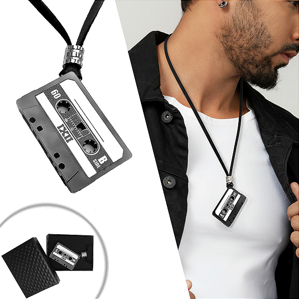 Colar de couro - Fita K7 Preto