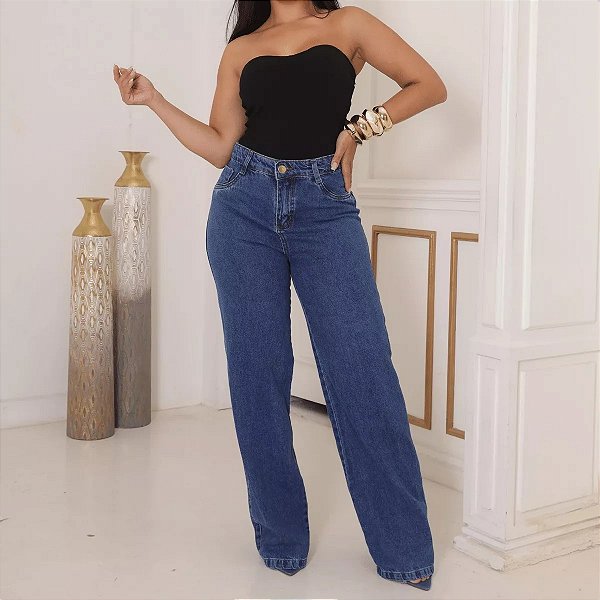 Calça Jeans Wide Leg Feminina Cintura Alta