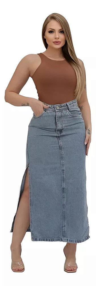 Saia Jeans Longa Midi Feminina Cintura Alta Com Fenda