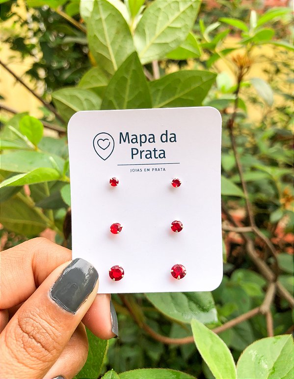 Trio de Brincos Zircônias Vermelhas em Prata 925